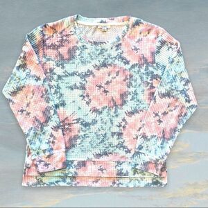𝅺NWOT Roudelain Sz XL Tie Dye Waffle Knit Long Sleeve High-Low Hem Top